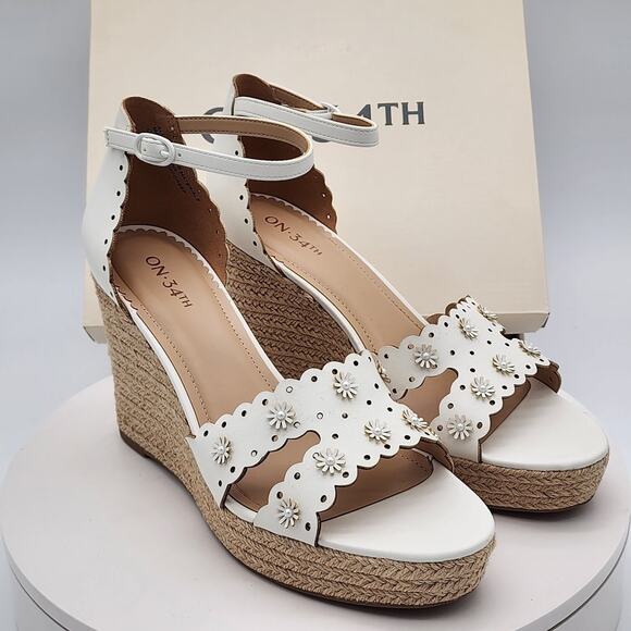 On 34th Theodore EP Shoes - NEW - On 34th Theodore EP White Linen Floral Espadrille Wedge Sandals Size 8.5 M